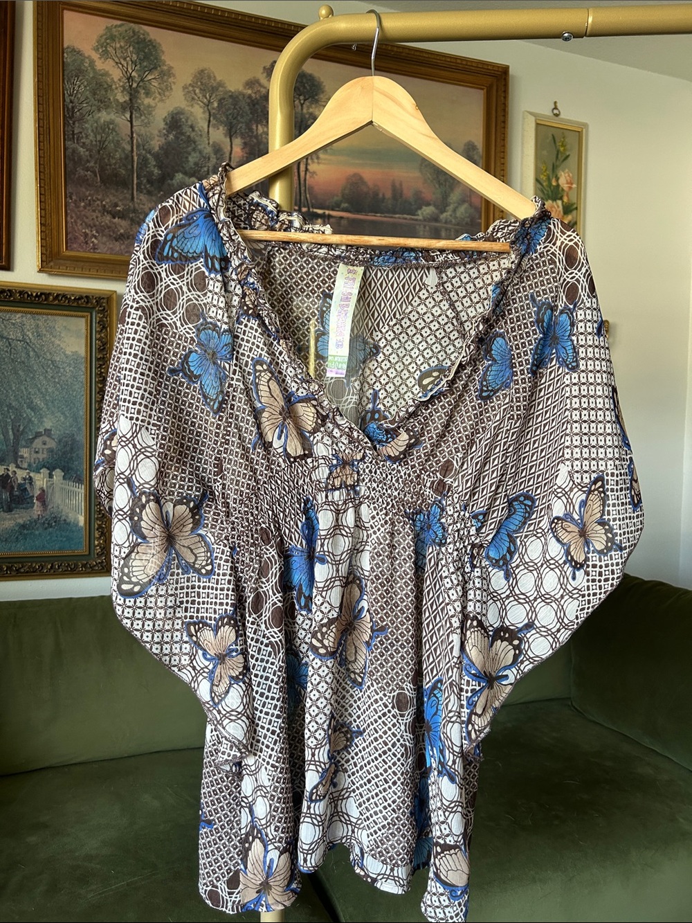 Y2K Blue and Brown Butterfly Print Smocked Peasant Top